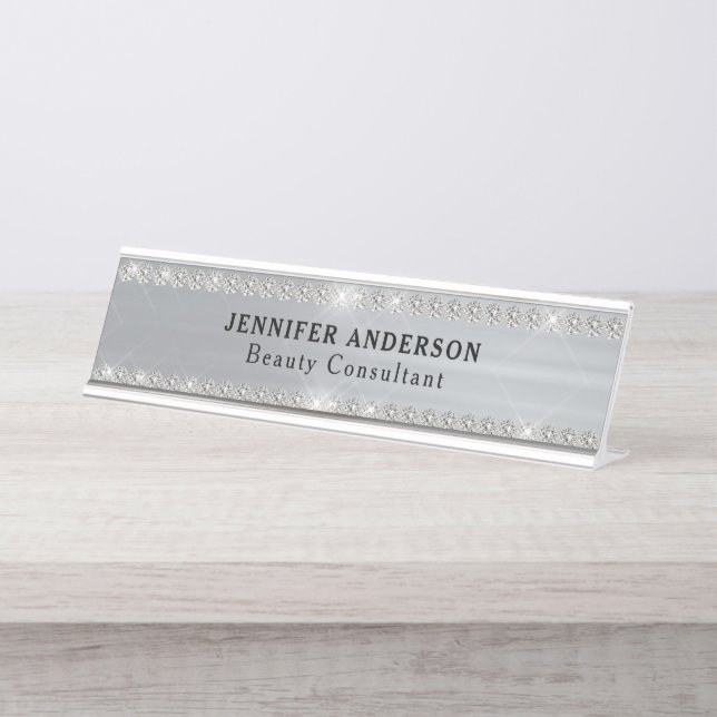 Luxury Silver Diamond Border Metallic  Desk Name Plate (Front)