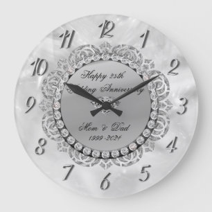 Luxury Silver Diamonds 25th Wedding Large Clock