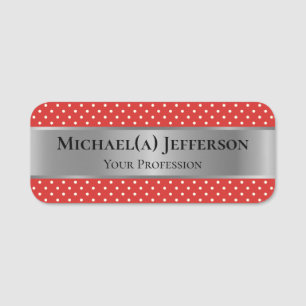 Luxury Silver & Elegant Tomato Red White Polka Dot Name Tag