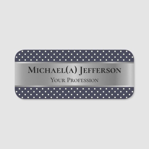 Luxury Silver  Elegant White Dark Blue Polka Dots Name Tag