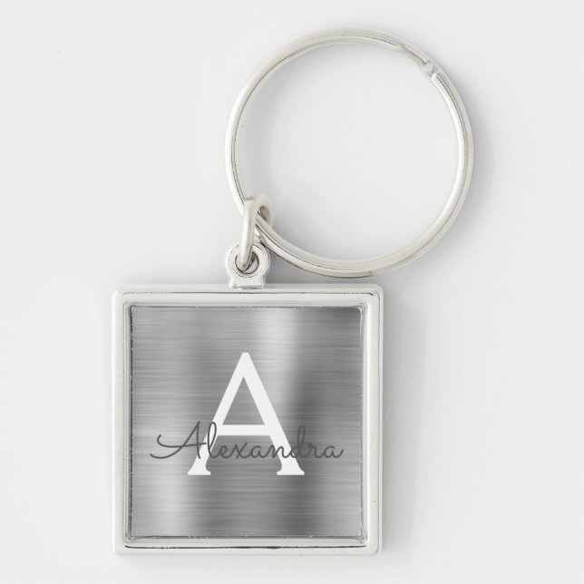 Luxury Silver Faux Stainless Steel Monogram Keychain (Front)