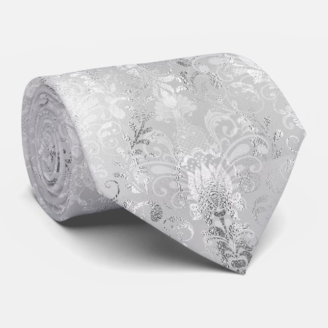 Luxury Silver Foil Damask Pattern Neck Tie (Rolled)