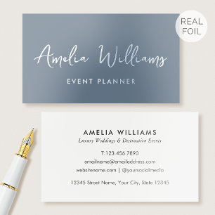 Luxury Silver Foil Elegant Script Minimalist Blue Business Cards