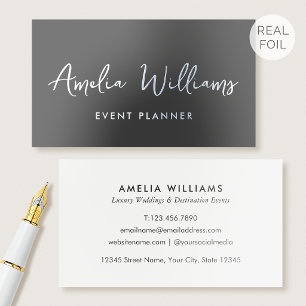 Luxury Silver Foil Elegant Script Minimalist Gray Business Cards