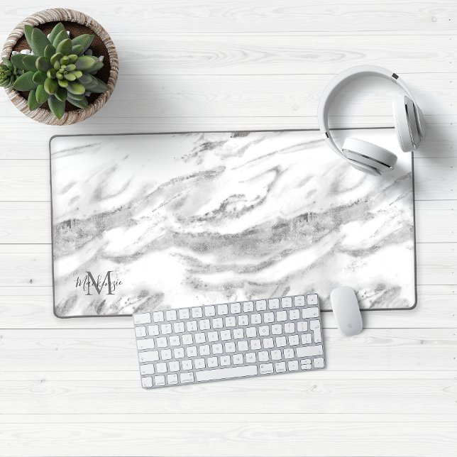 Luxury Silver Foil Marble Monogram Desk Mat (Luxury Silver Marble Desk Mat Mouse Pad)