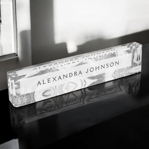 Luxury Silver Foil Modern Marble Swirl Desk Name Plate