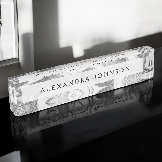 Luxury Silver Foil Modern Marble Swirl Desk Name Plate (Creator Uploaded)