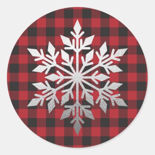 Luxury Silver Foil Snowflake Red Buffalo Plaid Classic Round Sticker