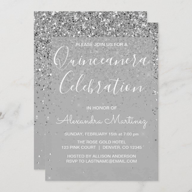Luxury Silver Girly Glitter Sparkle Quinceanera Invitation (Front/Back)