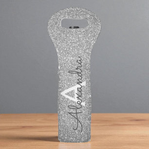 Luxury Silver Glitter and Sparkle Monogram Wine Bag