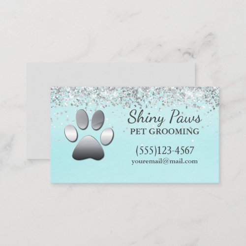 Luxury Silver Glitter Dog Paw Pet Grooming Business Card