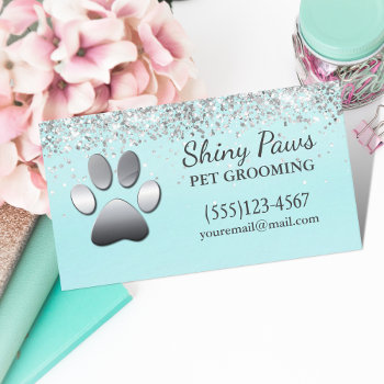 Luxury Silver Glitter Dog Paw Pet Grooming Business Card by tyraobryant at Zazzle