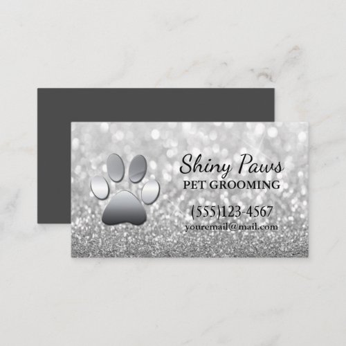 Luxury Silver Glitter Dog Paw Pet Grooming Service Business Card