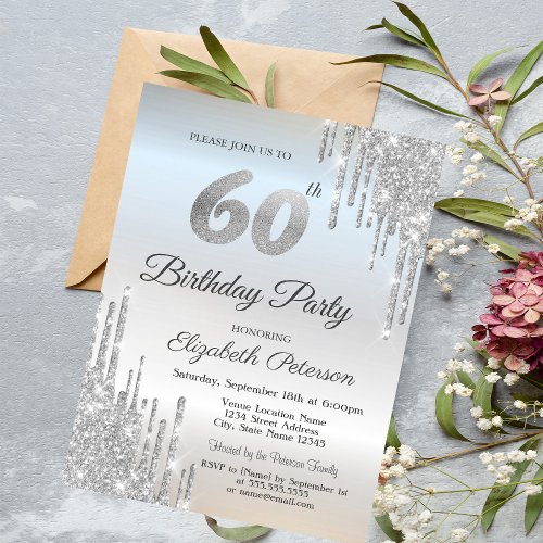 Luxury Silver Glitter Drips 60th Birthday  Invitation