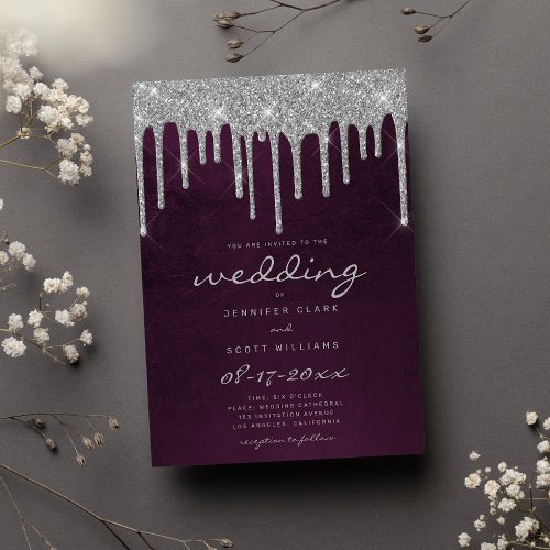 Luxury silver glitter drips burgundy wedding invitation