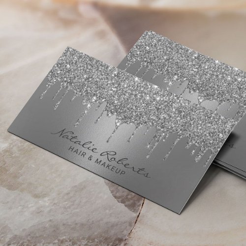 Luxury Silver Glitter Drips Modern Beauty Salon Business Card