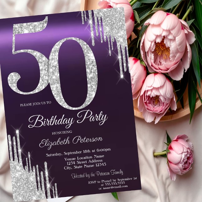 Luxury Silver Glitter Drips Purple 50th  Invitation (Creator Uploaded)