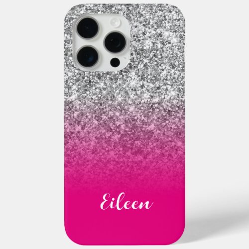 Luxury Silver Glitter Hot Pink Gradient iPhone 15 Pro Max Case