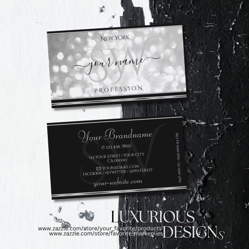 Luxury Silver Glitter Initials Black Silver Border Business Card