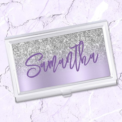Luxury Silver Glitter Lavender Ombre Personalized Business Card Case