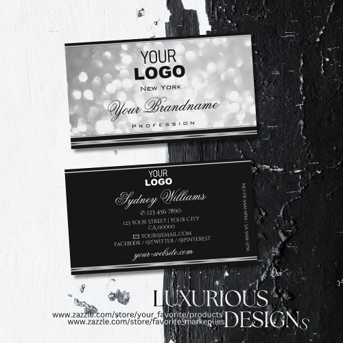 Luxury Silver Glitter Logo Black and Silver Border Business Card