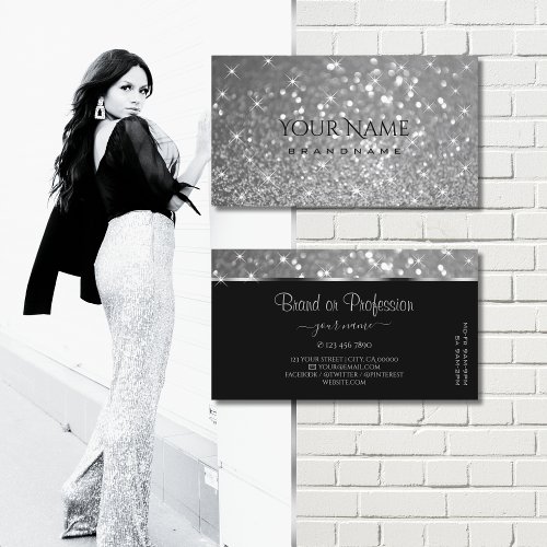 Luxury Silver Glitter Luminous Sparkle Stars Black Business Card