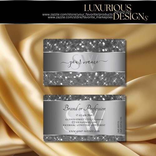 Luxury Silver Glitter Luminous Stars and Initials Business Card