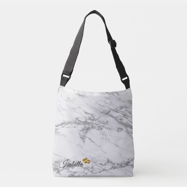 Luxury Silver Glitter Marble Add Text Crossbody Bag (Front)