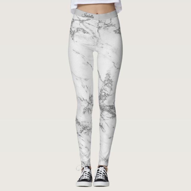 Luxury Silver Glitter Marble Add Text Leggings (Front)