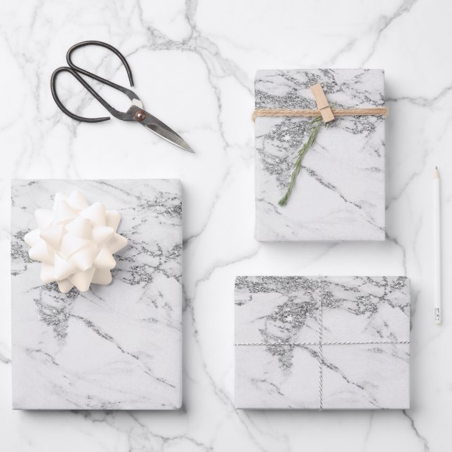 Luxury Silver Glitter Marble Customize Wrapping Paper Sheets (Front)