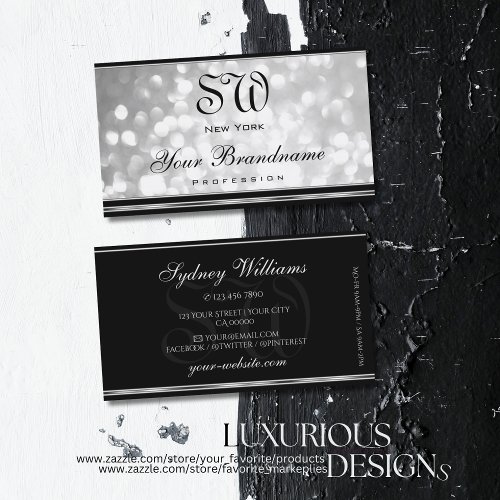 Luxury Silver Glitter Monogram Black Silver Border Business Card