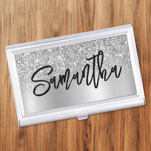 Luxury Silver Glitter Shimmer Ombre Personalized Business Card Case