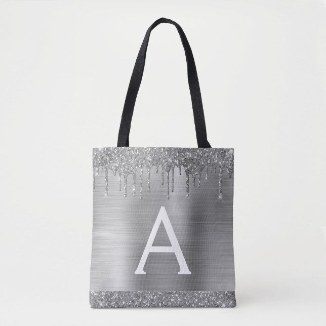 Luxury Silver Glitter Sparkle Elegant Monogram Tote Bag (Front)