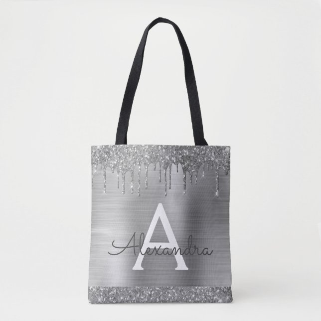 Luxury Silver Glitter Sparkle Elegant Monogram Tote Bag (Front)