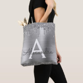 Luxury Silver Glitter Sparkle Elegant Monogram Tote Bag (Close Up)