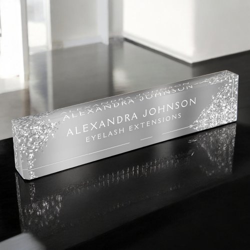 Luxury Silver Glitter Sparkle Eyelash Extensions Desk Name Plate