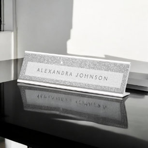 Luxury Silver Glitter Sparkle Girly Modern Desk Name Plate