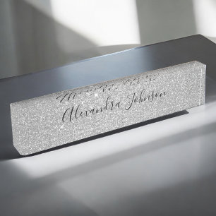 Luxury Silver Glitter Sparkle Girly Modern Desk Name Plate