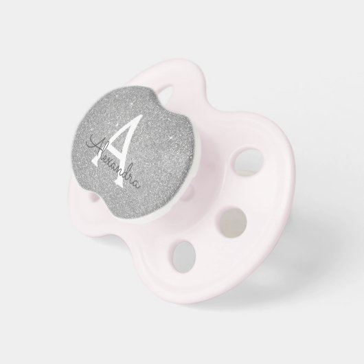 Luxury Silver Glitter & Sparkle Monogram Baby Pacifier (Front Right)