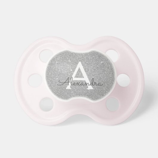 Luxury Silver Glitter & Sparkle Monogram Baby Pacifier (Front)