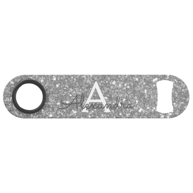 Luxury Silver Glitter & Sparkle Monogram Bar Key (Front (Horizontal))