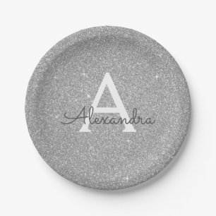 Luxury Silver Glitter & Sparkle Monogram Birthday Paper Plates