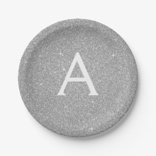 Luxury Silver Glitter & Sparkle Monogram Birthday Paper Plates