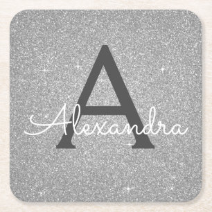 Luxury Silver Glitter & Sparkle Monogram Birthday Square Paper Coaster