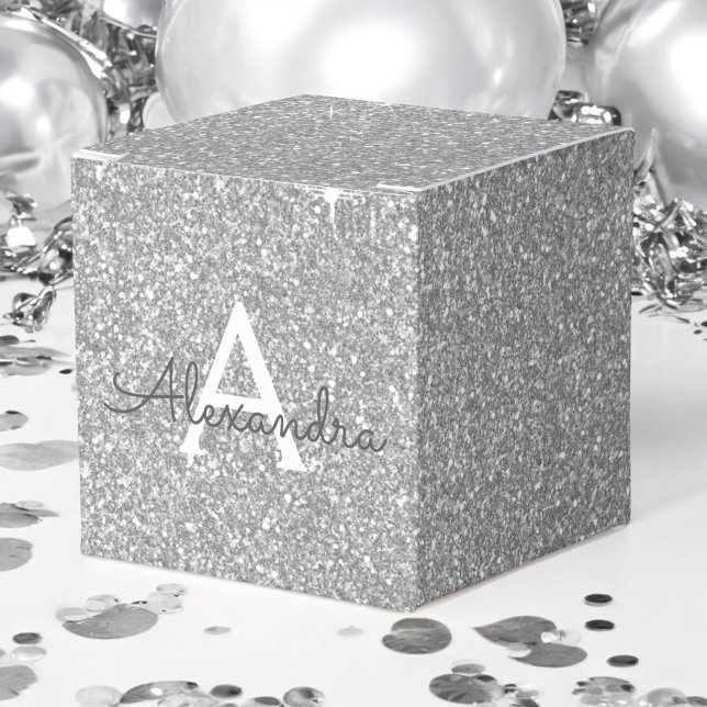 Luxury Silver Glitter & Sparkle Monogram Favor Boxes (Creator Uploaded)