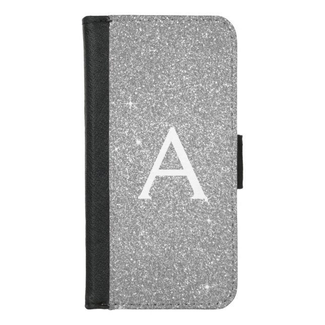 Luxury Silver Glitter & Sparkle Monogram iPhone Wallet Case (Front)