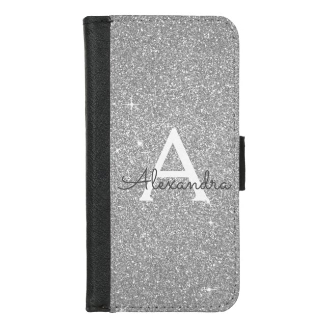 Luxury Silver Glitter & Sparkle Monogram iPhone Wallet Case (Front)