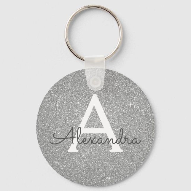Luxury Silver Glitter & Sparkle Monogram Keychain (Front)