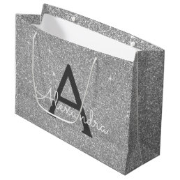 Luxury Silver Glitter &amp; Sparkle Monogram Large Gift Bag