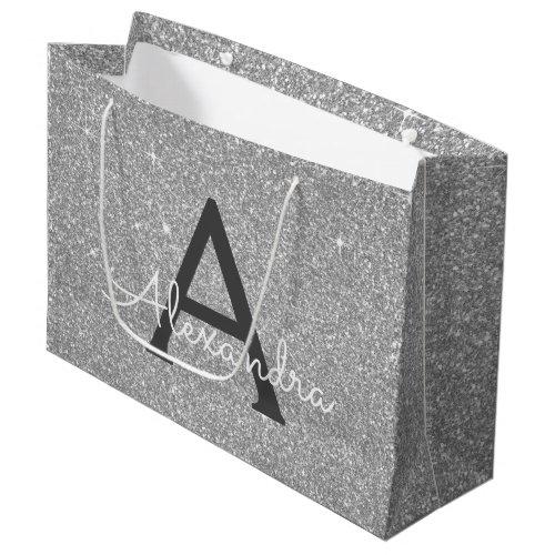 Luxury Silver Glitter  Sparkle Monogram Large Gift Bag